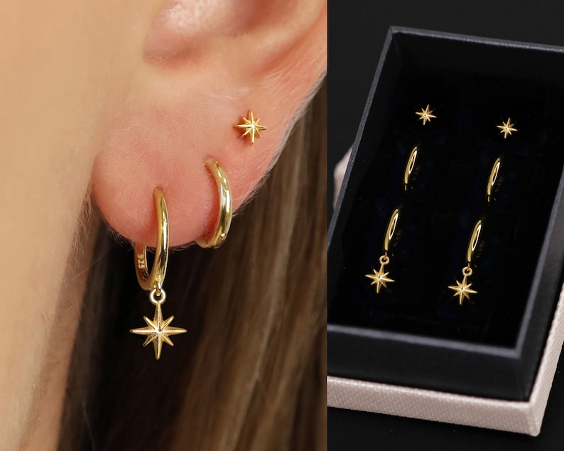 18K Gold Star Dangle Earring Set Earring Stack Sterling Silver Earring Set Everyday Earrings Gift Set Gift For Her Gift Ready image 1