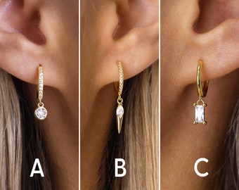 Dangle Huggie Hoop Earrings - Sterling Silver Hoop Earrings - Second Hole Hoop Earrings - Gold Diamond Hoops - Minimalist Earrings
