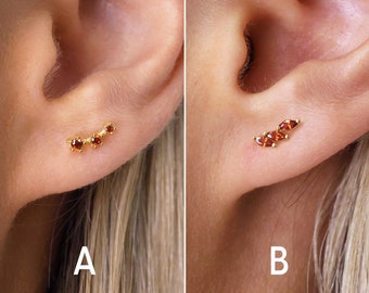Garnet Tiny Climber Stud Earrings - Small Stud Earrings - Dainty Earrings - Gold Studs - Silver Studs - January Birthstone - Gift for Her