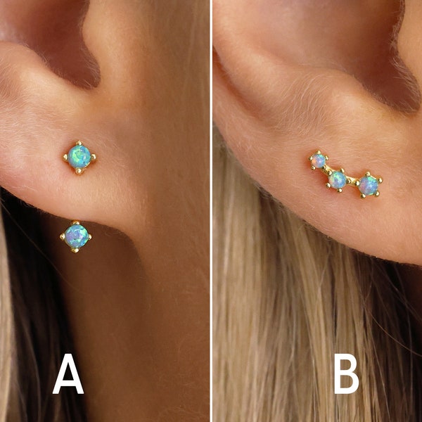 Blue Opal Stud Earrings - Ear Jacket Earrings - Ear Climber - Opal Earrings - Small CZ Stud Earrings - Small Stud Earrings - Gift for Her