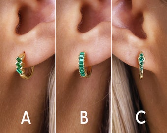Emerald Charm Huggie Hoop Earrings - Sterling Silver Hoop Earrings - Second Hole Hoop Earrings - Gold Emerald Hoops - Minimalist Earrings