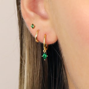 18K Gold Emerald Diamond Everyday Earring Set Earring Stack Sterling Silver Earring Set Earring Set May Birthstone Gift Ready image 5