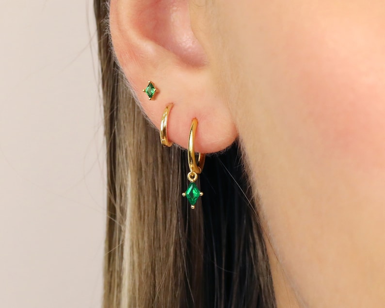 18K Gold Emerald Diamond Everyday Earring Set Earring Stack Sterling Silver Earring Set Earring Set May Birthstone Gift Ready image 5