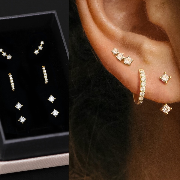 Ensemble de boucles d'oreilles diamants - pile de boucles d'oreilles - ensemble de boucles d'oreilles en argent sterling - ensemble de boucles d'oreilles - boucles d'oreilles délicates - cadeau pour elle - prêt à offrir