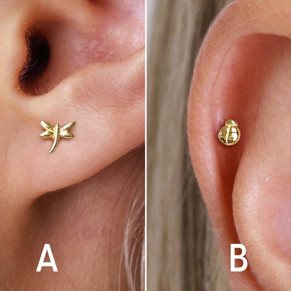 18G Tiny Dragonfly Ladybug Flat Back Labret Stud - Cartilage Earrings - Conch Earring - Cartilage Stud - Flat Back Earring - Tragus Stud