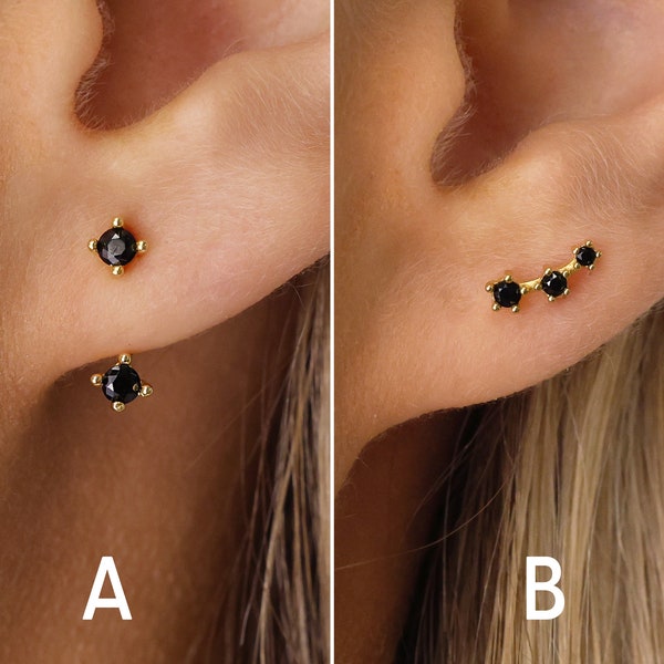 Black Onyx Stud Earrings - Ear Jacket Earrings - Ear Climber Studs - Black Earrings - Small Stud Earrings - CZ Studs - Gift for Her