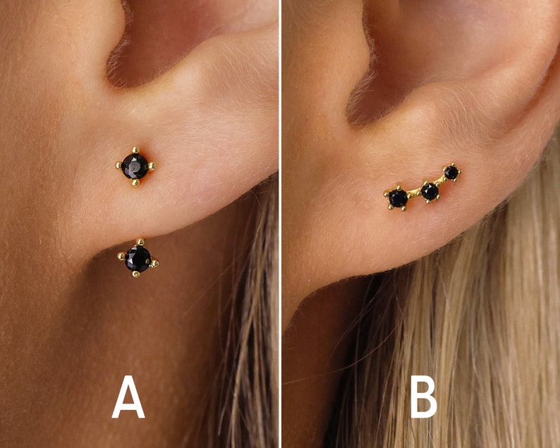 Black Onyx Stud Earrings Ear Jacket Earrings Ear Climber Studs Black Earrings Small Stud Earrings CZ Studs Gift for Her image 1