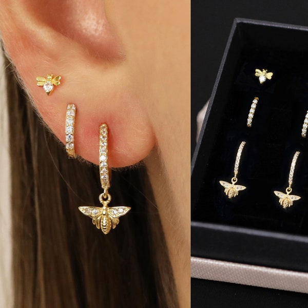 18K Gold Bee Dangle Earring Set - Earring Stack - Sterling Silver Earring Set - Everyday Earrings - Gift Set - Gift For Her - Gift Ready