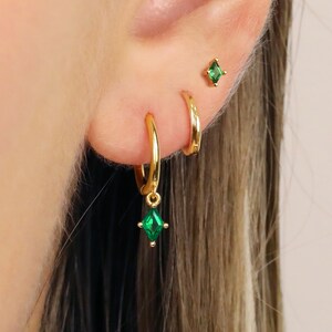18K Gold Emerald Diamond Everyday Earring Set Earring Stack Sterling Silver Earring Set Earring Set May Birthstone Gift Ready image 4