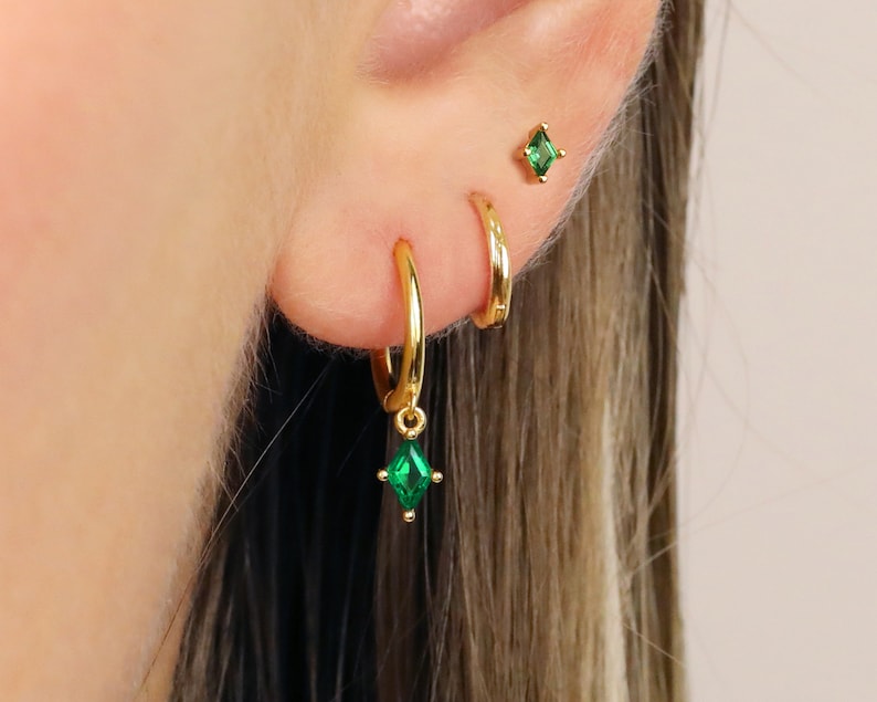 18K Gold Emerald Diamond Everyday Earring Set Earring Stack Sterling Silver Earring Set Earring Set May Birthstone Gift Ready image 4