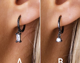 Gunmetal Black Delicate Hoop Earrings - Black Earrings - Baguette Earrings - Dainty Hoops - Edgy Earrings - Grunge Earrings - Gift For Her