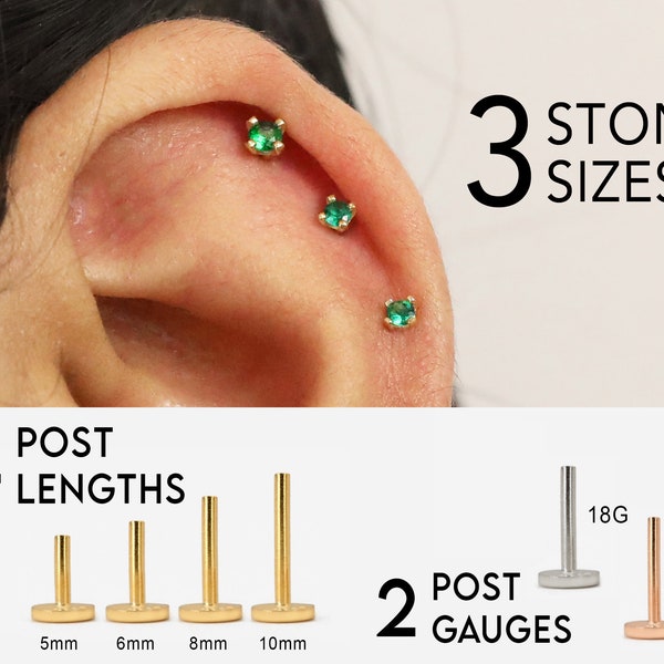 20G/18G Emerald Threadless Push Pin Labret Stud - Gold Push Pin - Cartilage Earring - Flat Back Earring - Helix Conch Tragus Labret Stud