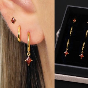 18K Gold Garnet Diamond Everyday Earring Set - Earring Stack - Sterling Silver Earring Set - Earring Set - January Birthstone - Gift Ready