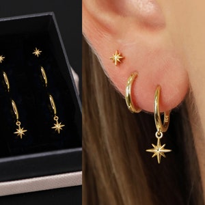 18K Gold Star Dangle Earring Set - Earring Stack - Sterling Silver Earring Set - Everyday Earrings - Gift Set - Gift For Her - Gift Ready