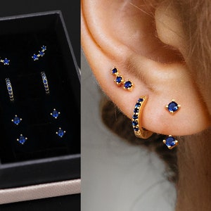 Sapphire Front Back Earring Set - Sterling Silver Hoop Earrings - Huggie Hoops - Minimalist Earrings - Gift Ready - Gift for Her