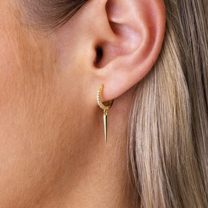 Gold Spike Dangle Huggie Hoop Earrings Sterling Silver Hoop Earrings Second Hole Hoop Earrings Gold Spike Hoops Minimalist Earrings image 4