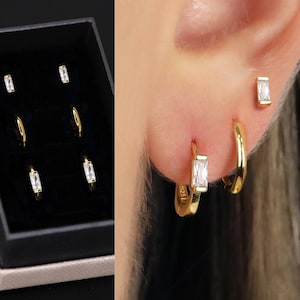 18K Gold Diamond Baguette Earring Set - Earring Stack - Sterling Silver Earring Set - Everyday Earrings - Gift Set - Gift For Her