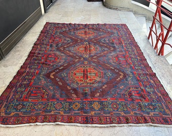 Vintage From 1970's Caucasian Soumak Rug 7.4x10 ft (225x305 cm), Burgundy Home Decoration, Tribal Decor, Handmade Wool Decoration
