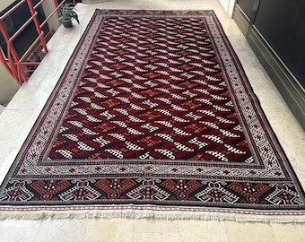 Decorative Turkoman Carpet, Hand Knotted Vintage Rug, Burgundy Decor, 7.4x13.1