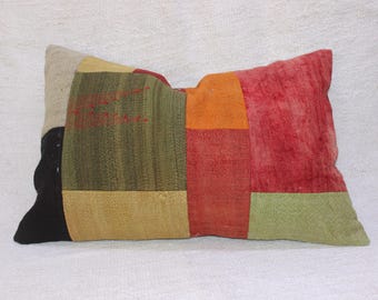 ヴィンテージパッチワーク枕、手織りラグから手作り、24インチ×16インチ、60×40cm