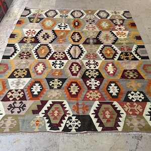 Decorative Turkısh Kilim Rug,Handmade Rug,Tribal Rug,Nomadic Rug,Area Colorful Handwoven Rug,bohemian Rug,Vintage Rug,6.6&quot;x7.3&quot;Feet