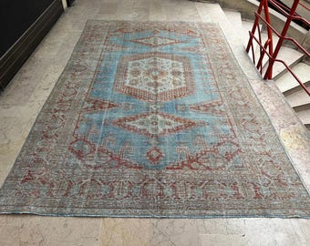 Handwoven Vintage Turquoise Wool Area Carpet 7.2x11.1 (218x340 cm), Distressed Timeworn Turkish Carpet, Faded Blue Decorative Carpet