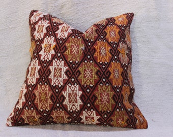 Turkish handmade kilim pillow, Vintage decor pillow, 20x20 inches throw pillow, Boho decor pillow, Wool vintage pillow, Handmade pillow sham