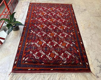 Vintage Handmade Turkoman Wool Rug 4.1 x 6.4 Feet ( 125x195 cm ), Burgundy Red Handwoven Carpet, Burgundy Home Decoration, Burgundy Wool