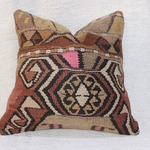 Handwoven Turkish Kilim Pillow Cover: Vintage Boho Throw Cushion (16x16)
