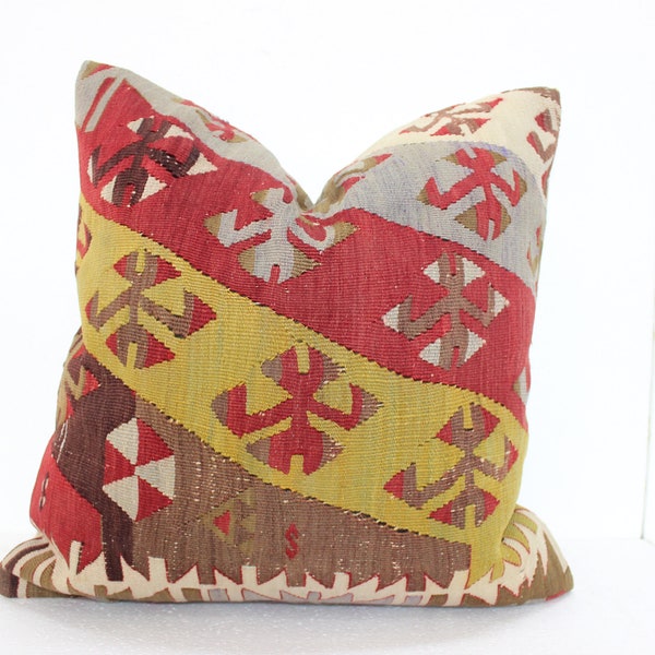 Ethnic Turkish kilim rug pillow case, 20x20 inch pillow throw, autumn pillow cover boho, new year decorative pillow, red green stripe pilow