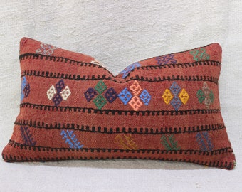 Vintage Kilim Pillow Cover: Turkish Wool Ethnic Pillow, 12x20 inch