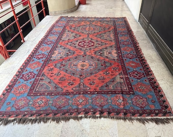 Caucasian Vintage Soumak Rug 7.3x13 Ft (222x395 cm), Rustic Decorative Soumak