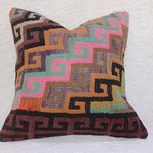 Handwoven Turkish Kilim Pillow Cover: Boho Vintage Throw Cushion (16x16)