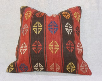 Hand braided pillow quilt 20x20, knit pillow, car pillow, meditation pillow, orange pillow, Turkish kilim pillow, 50x50 cm pilow cover rust