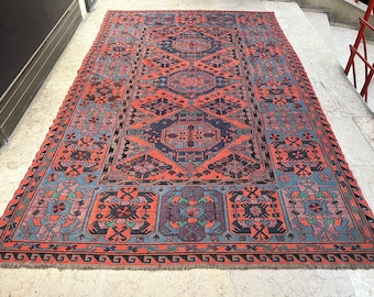 Vintage Handmade Coral High Quality Soumak 7.3x12.3 Feet (224x375 cm), Coral Color Handwoven Soumak, Caucasian made Quality Rug