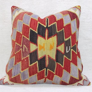 Colorful Rug Pillow 24&quot;x24&quot;İnch ,Decorative Turkish Pillow,Vintage Home Decor,Pink Handmade Pillow,Cushion Cover,60x60 cm