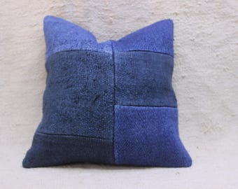 Midnight Blue Decoration: Handwoven Hemp Pillow, Minimalist Blue Decor, 16"x16"