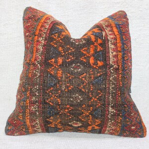 Handwoven Turkish Kilim Pillow Cover: Boho Vintage Throw Cushion 16x16