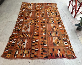 Vintage Embroidered Contemporary Wool Kilim Rug: 5x8.2 ft (152x250 cm) Handmade Boho Home Decor, Colorful Handmade vintage kilim