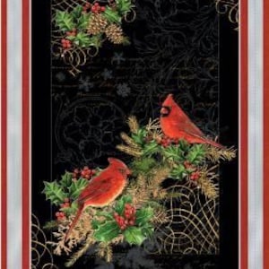 Fabric PANEL “Royal Red” by Wilmington Fabric. “25x44” Christmas cardinals on holly with berries.