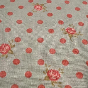 Fabric-“Fresh Cottons” by Joanna Figueroa for Fig Tree by Moda. Light mint green with pink dots & pink roses.