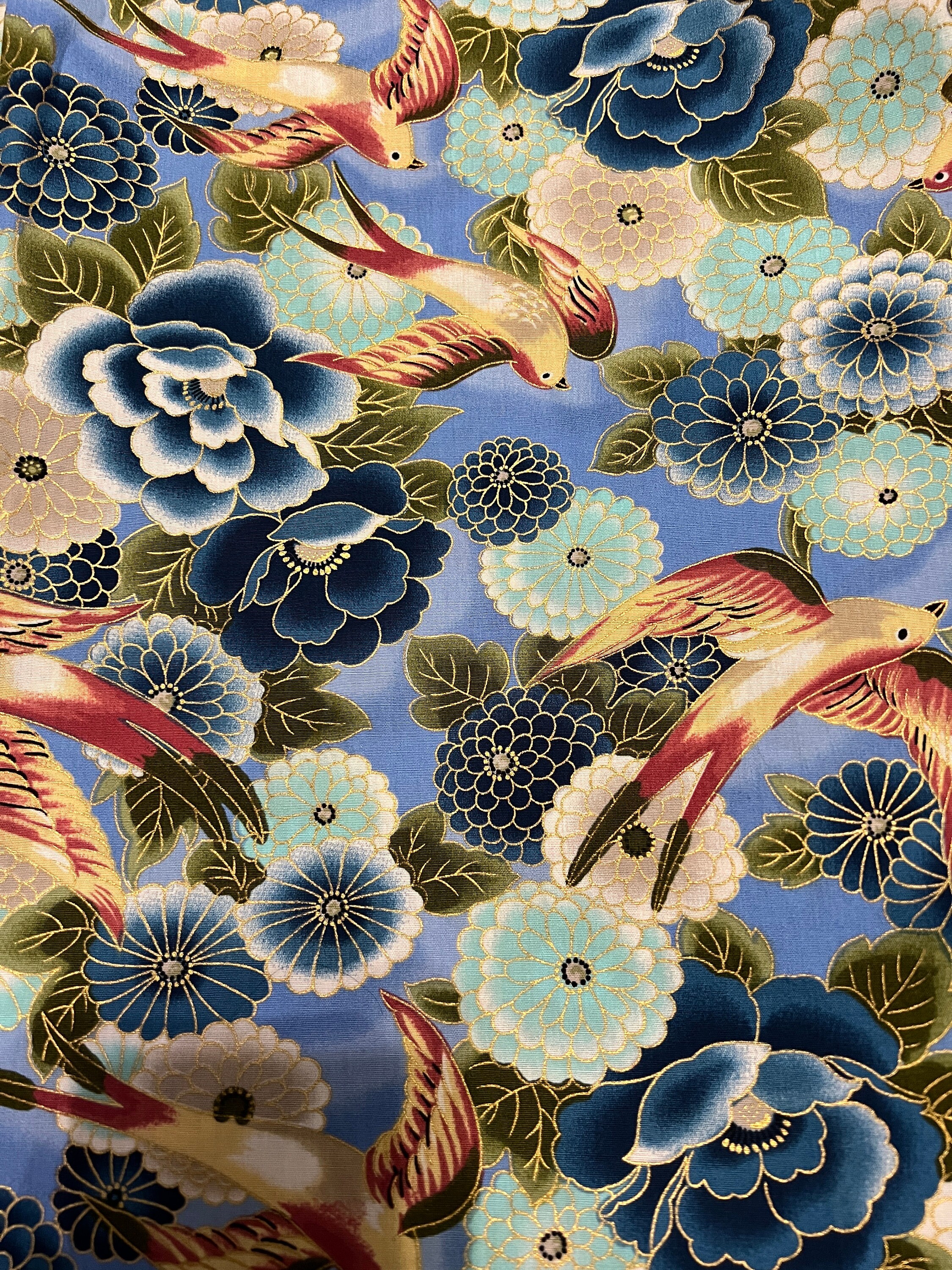Asian Fabric w/ Swallows and Blue Chrysanthemums