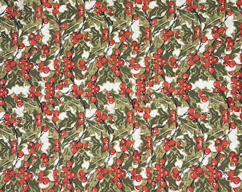 May include: A seamless fabric pattern featuring a repeating design of red berries and green leaves on a white background.