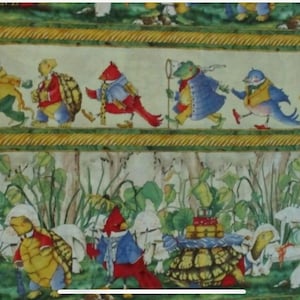 May include: A detailed illustration depicting a parade of animal characters, including turtles and birds, dressed in vibrant clothing. The artwork has a vintage style, with a scene of a gathering at the bottom. The overall theme is whimsical.