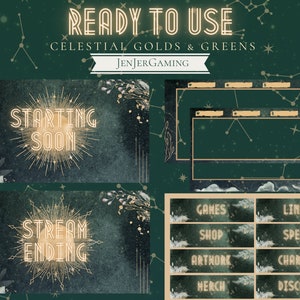 ANIMADO Celestial Golds & Greens Stream Package/ Twitch Overlay/ Green/ Gold/ Emerald/ Plants/ Elegant/ Moon/ Stars/ Cozy/ Witchy/ Magical