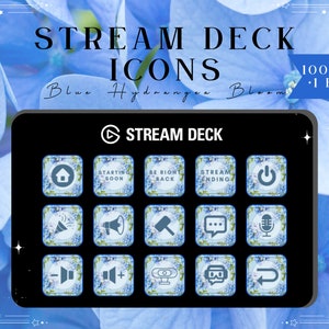 May include: A set of 15 blue and white Stream Deck icons with floral designs. The icons include symbols for starting soon, be right back, stream ending, mute, unmute, camera, VR, rewind, and more. The icons are designed to match a blue hydrangea theme.
