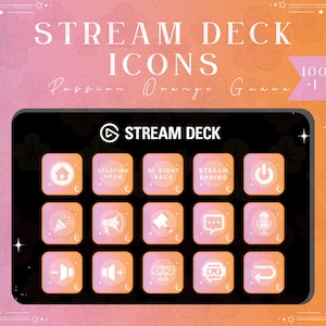 Puede incluir: Un conjunto de 15 iconos de Stream Deck con un fondo degradado rosa y naranja. Los iconos presentan varios símbolos, incluyendo una casa, un micrófono, un botón de reproducción y un botón de encendido. El texto "STREAM DECK" se muestra en la parte superior de la imagen.