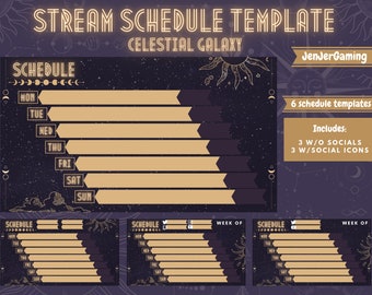 SCHEDULE Celestial Galaxy Stream BLANK Template | Purple | Gold | Stars | Moon | Witchy | Asset | Twitter | Instagram | Discord | Streamer