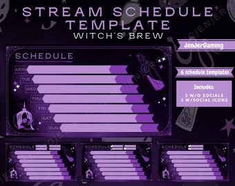 SCHEDULE Witch Brew Stream BLANK Template | Purple | Black | Gothic | Witch | Spooky | Moon | Stars | Celestial | Twitch Schedule | Twitter