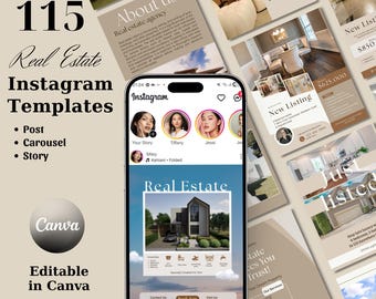 Op de afbeelding: Een verzameling van 115 Instagram-sjablonen voor onroerend goed, voor berichten, carrousels en verhalen. De sjablonen zijn bewerkbaar in Canva en bevatten ontwerpen voor nieuwe aanbiedingen, open dagen en promoties van makelaars. De afbeelding toont een smartphone.